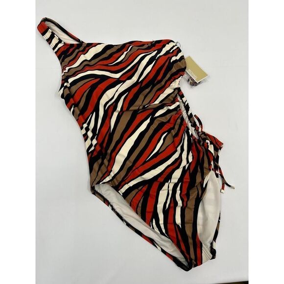 NWT Michael Kors MM8P021 826 Terracotta Zebra Print One-Shoulder Swimsuit 14 - Picture 4 of 10